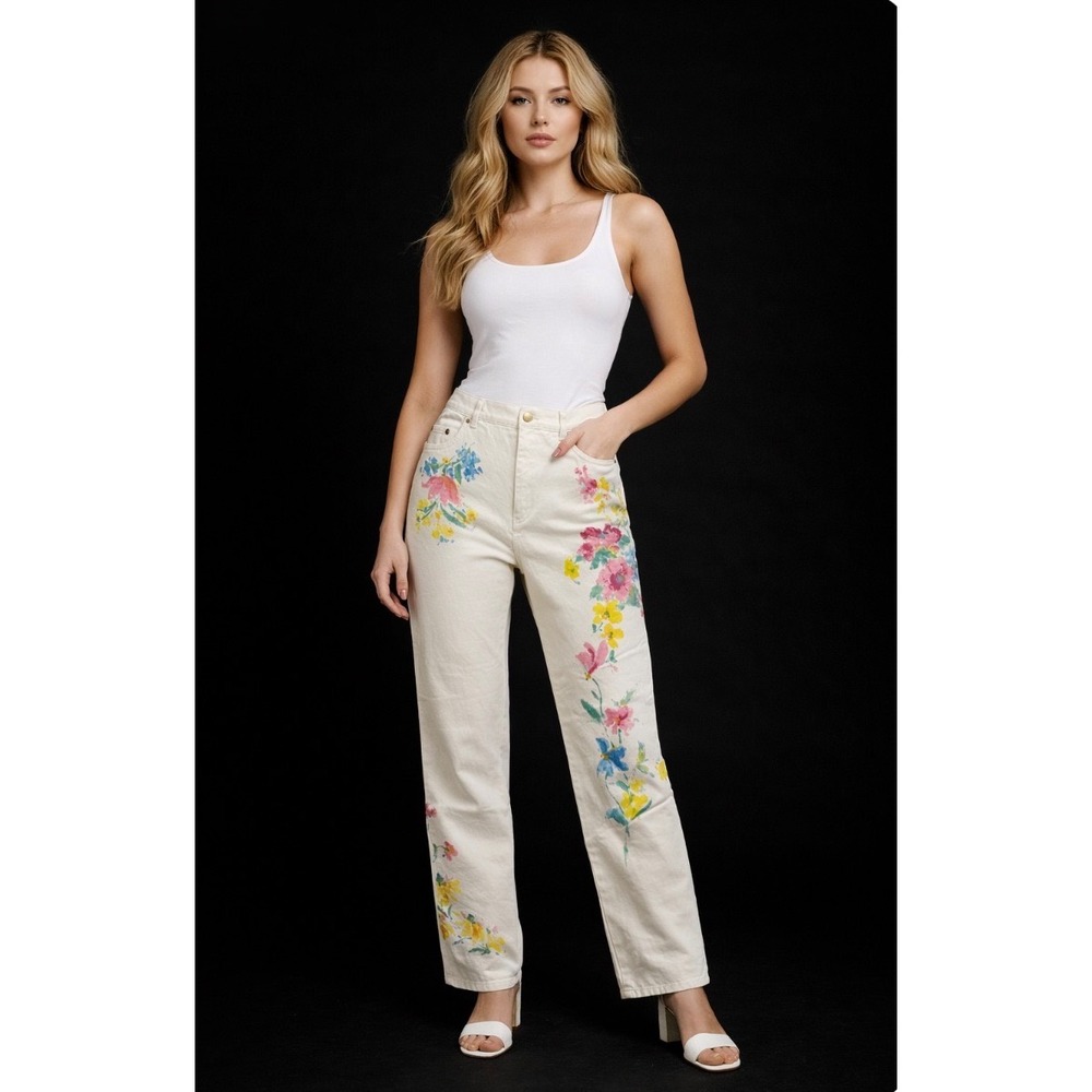 Lauren Jean Co White Floral Painted Straight Leg Jeans Womens 14 Cotton